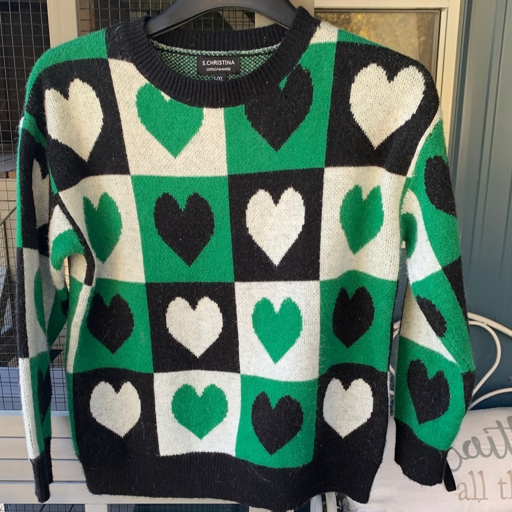 Christina Green, Black, and White Heart Sweater